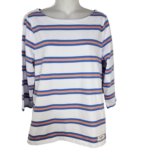 Talbots Authentic Tee Women Medium Bateau Striped 3/4 Sleeve Casual White Orange - Picture 1 of 9